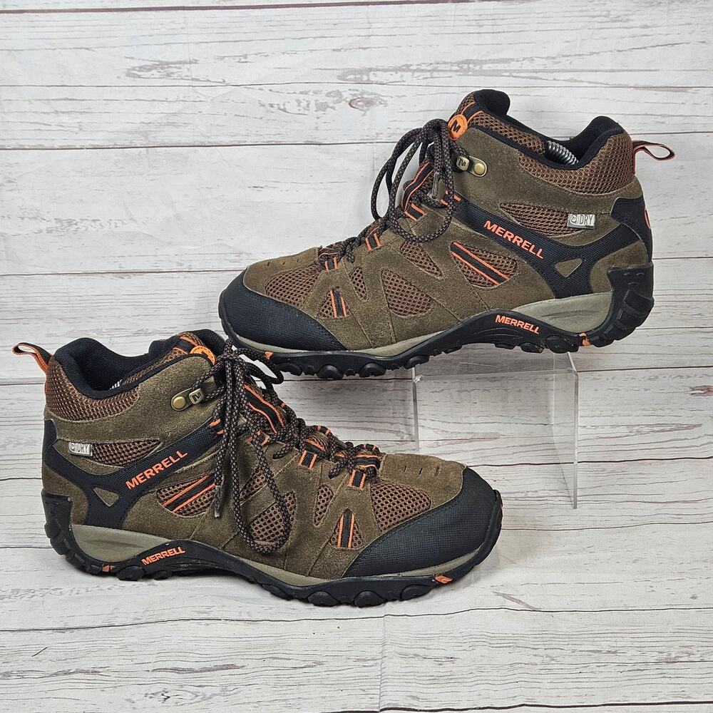 Merrell Deverta Mid Vent Hiking Boots Mens Brown Orange US 9.5 Waterproof Suede